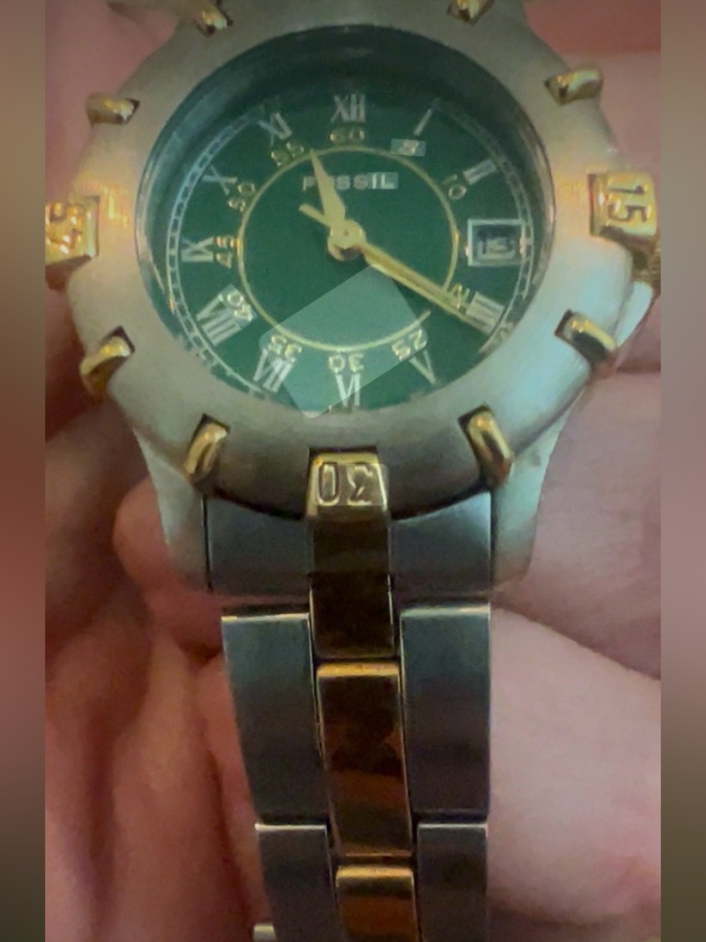 Fossil vintage AM- Two-Tone Gold and Green Dial Watch.